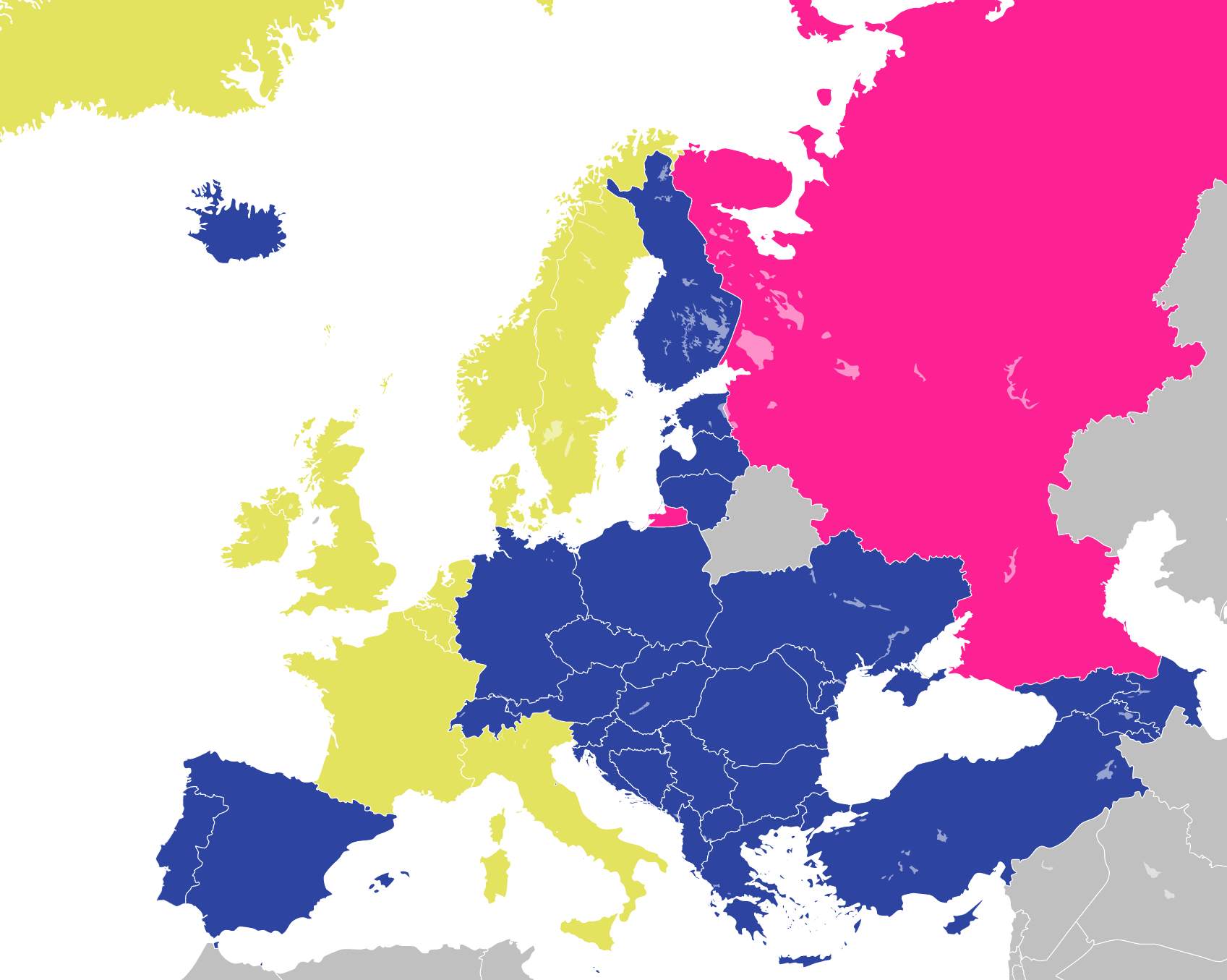 Žuto: Utemeljitelji Vijeća Europe, Plavo: Pridruženi članovi, Crveno: Bivši članovi - Vijeće Evrope: 20 godina članstva Bosne i Hercegovine